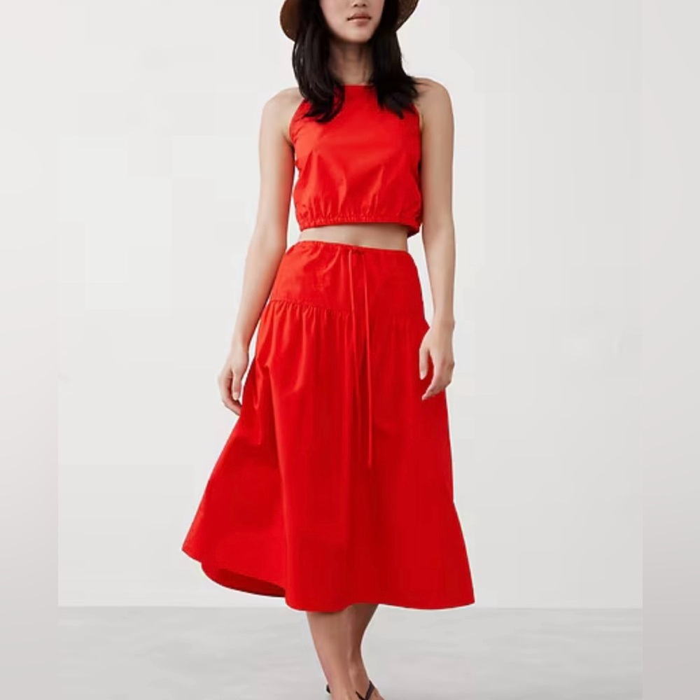 Poplin Drop-Waist Midi Skirt and Strappy Bubble-Hem Cropped Top (Sold as set)